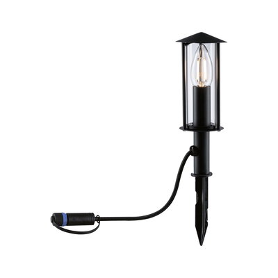 Black outdoor garden light with glass cover and ground spike, cable with connector for landscape lighting