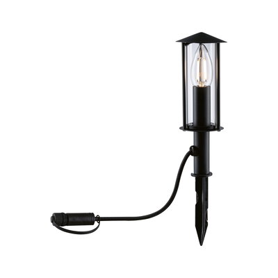 Black outdoor lamp with clear glass and visible LED candle bulb, weatherproof garden light with ground spike