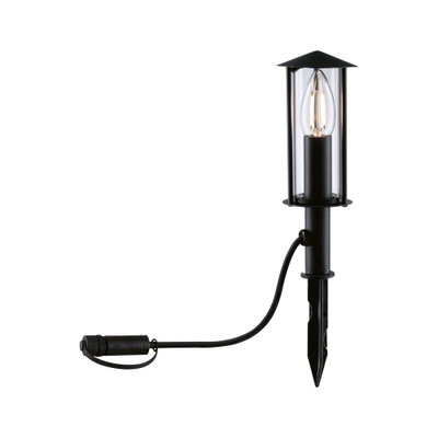 Czarna lampa zewnętrzna z przezroczystym szkłem i widoczną żarówką LED, wodoodporne oświetlenie ogrodowe z kołkiem do ziemi