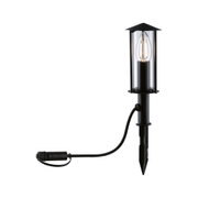 Schwarze Außenleuchte mit Glasgehäuse und Erdspieß, Kabel mit Steckverbinder für Gartenbeleuchtung