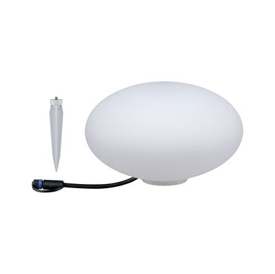 Witte ovale buitenlamp van kunststof met grondpen en kabel voor tuinverlichting