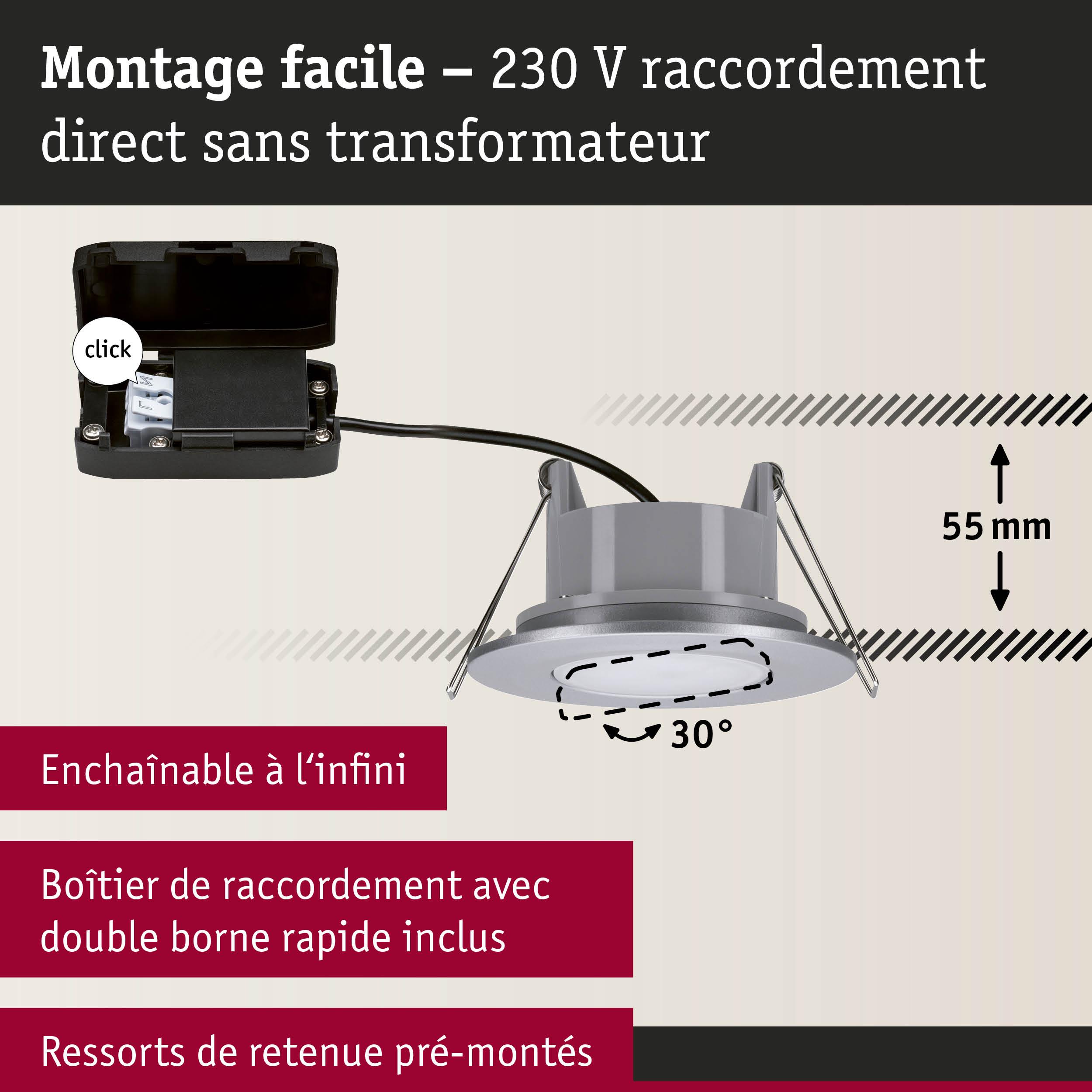 Spot LED encastrable facile à monter, raccordement direct 230 V, inclinaison 30°, profondeur d'installation 55 mm