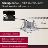 Spot LED encastrable facile à monter, raccordement direct 230 V, inclinaison 30°, profondeur d'installation 55 mm