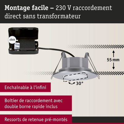 Spot LED encastrable facile à monter, raccordement direct 230 V, inclinaison 30°, profondeur d'installation 55 mm