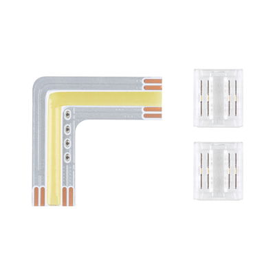 LED corner connector with yellow light strip and two transparent connectors for LED strip lighting