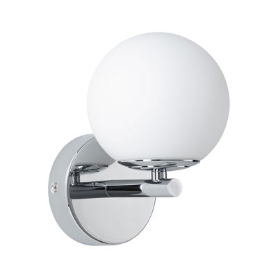 Modern wall light with white glass and chrome metal for stylish indoor lighting.