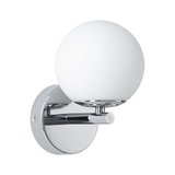 Modern wall light with white glass and chrome metal for stylish indoor lighting.