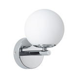 Modern wall light with white glass and chrome metal for stylish indoor lighting.