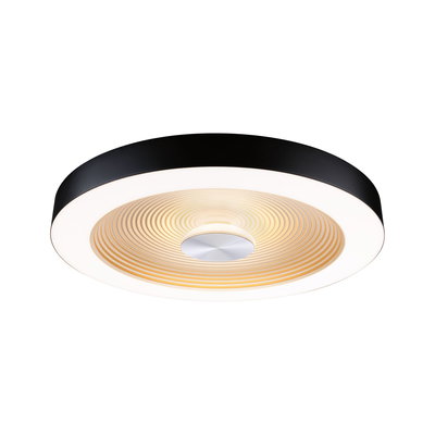 Rund loftlampe med sort metalramme og varmt hvidt lys til moderne boligbelysning