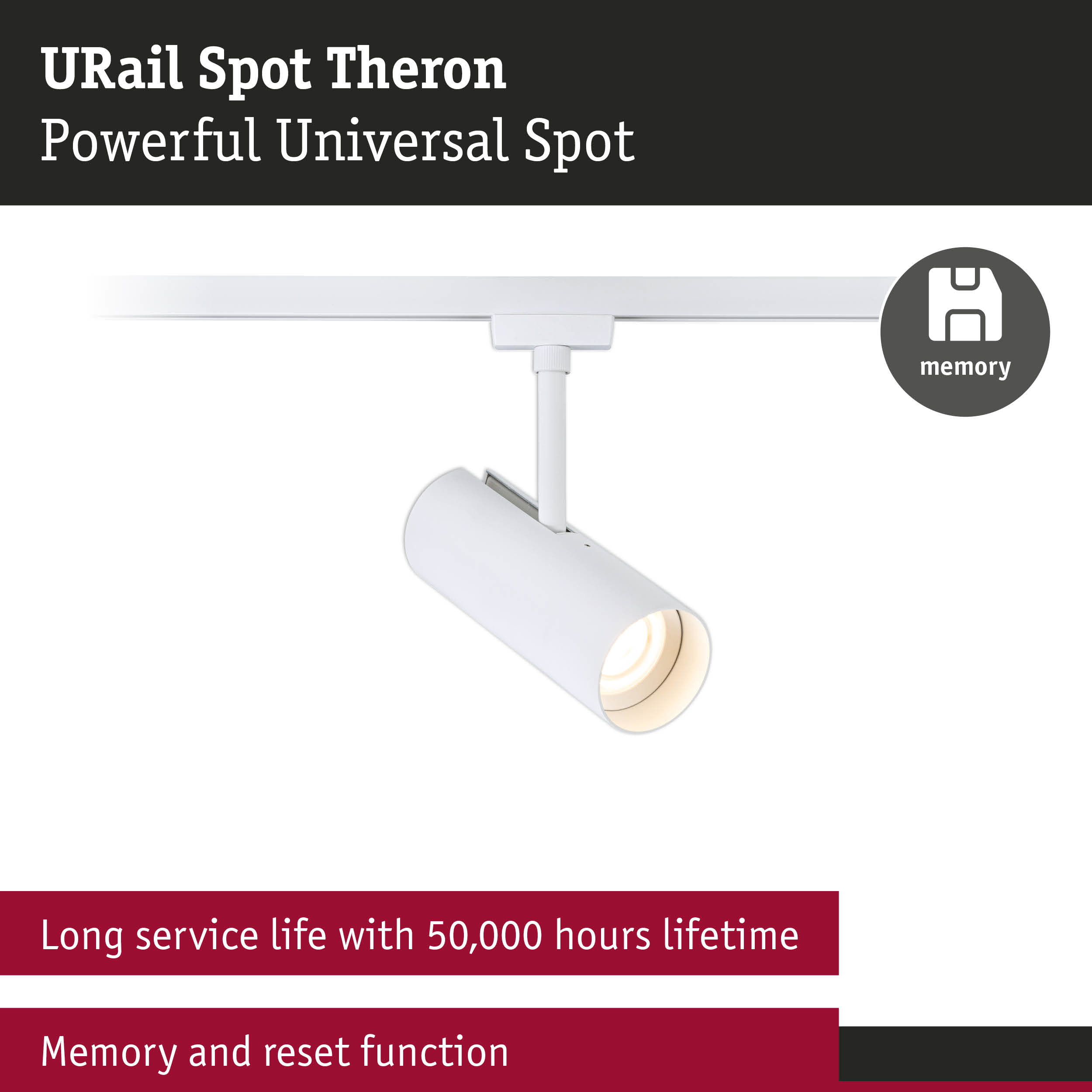White URail Spot Theron LED spotlight with memory function and 50,000 hours long service life