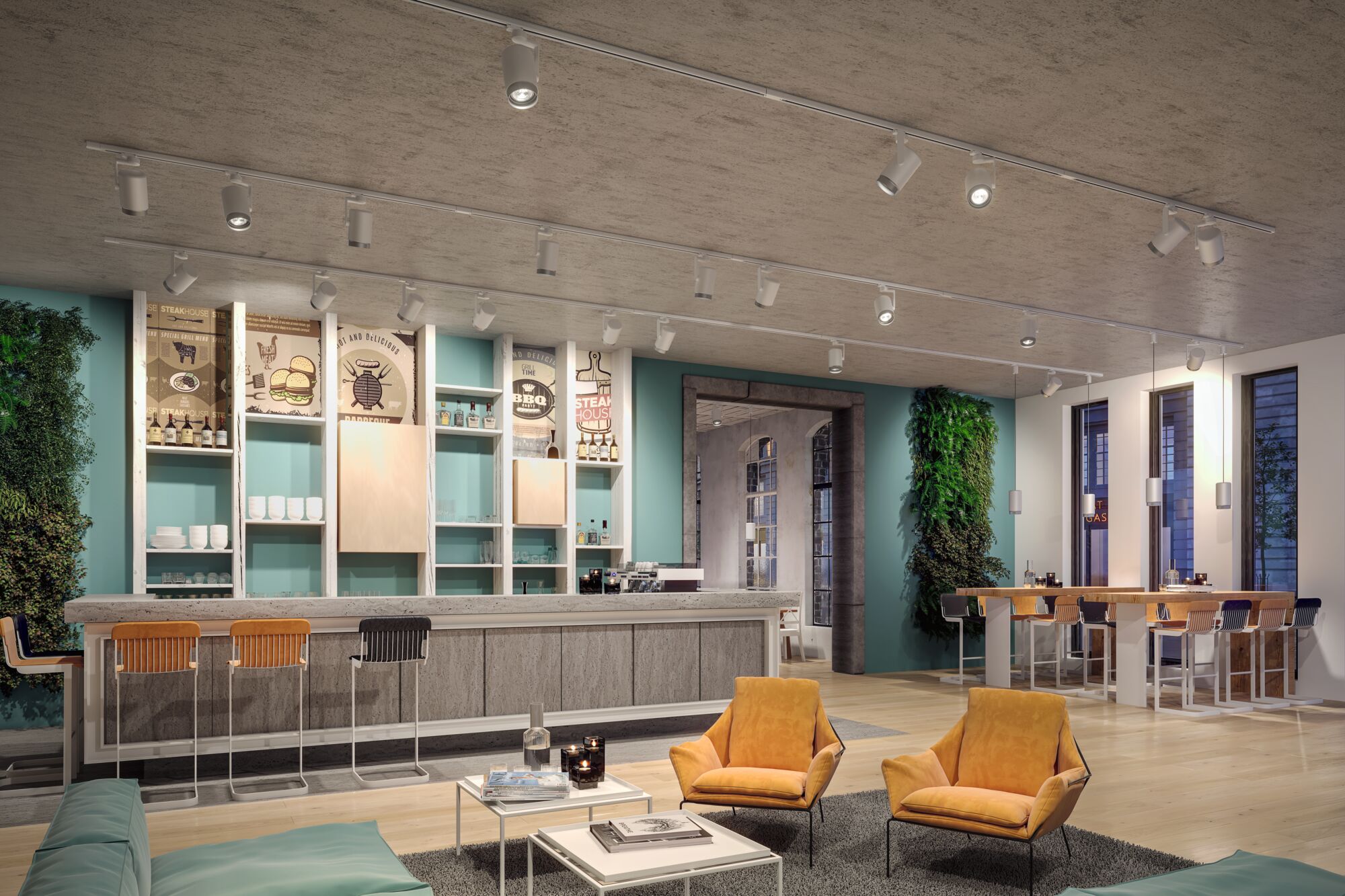 Modernes Restaurant mit weißen Paulmann Schienenstrahlern an Beton-Decke und gemütlicher Bar mit Sitzplätzen