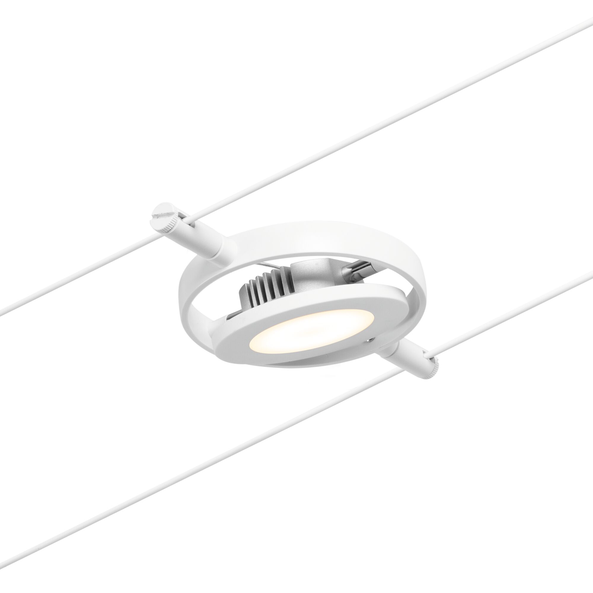 Hvid metal LED-kabelspot med rund lyskilde til moderne belysningssystemer
