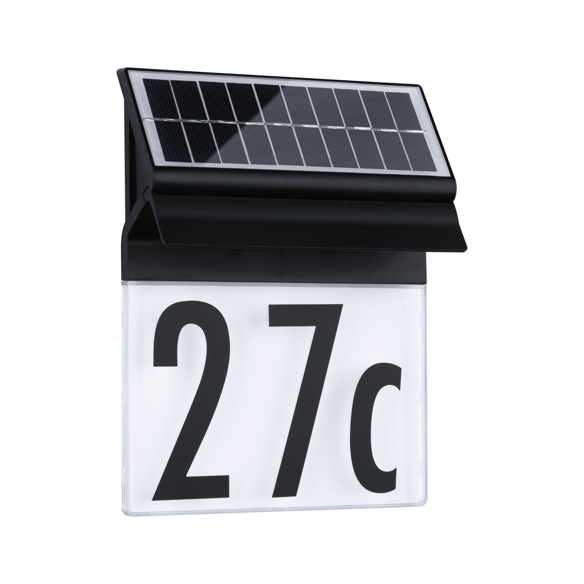 Panneau solaire noir sur lampe de numéro de maison avec fond blanc et chiffres noirs