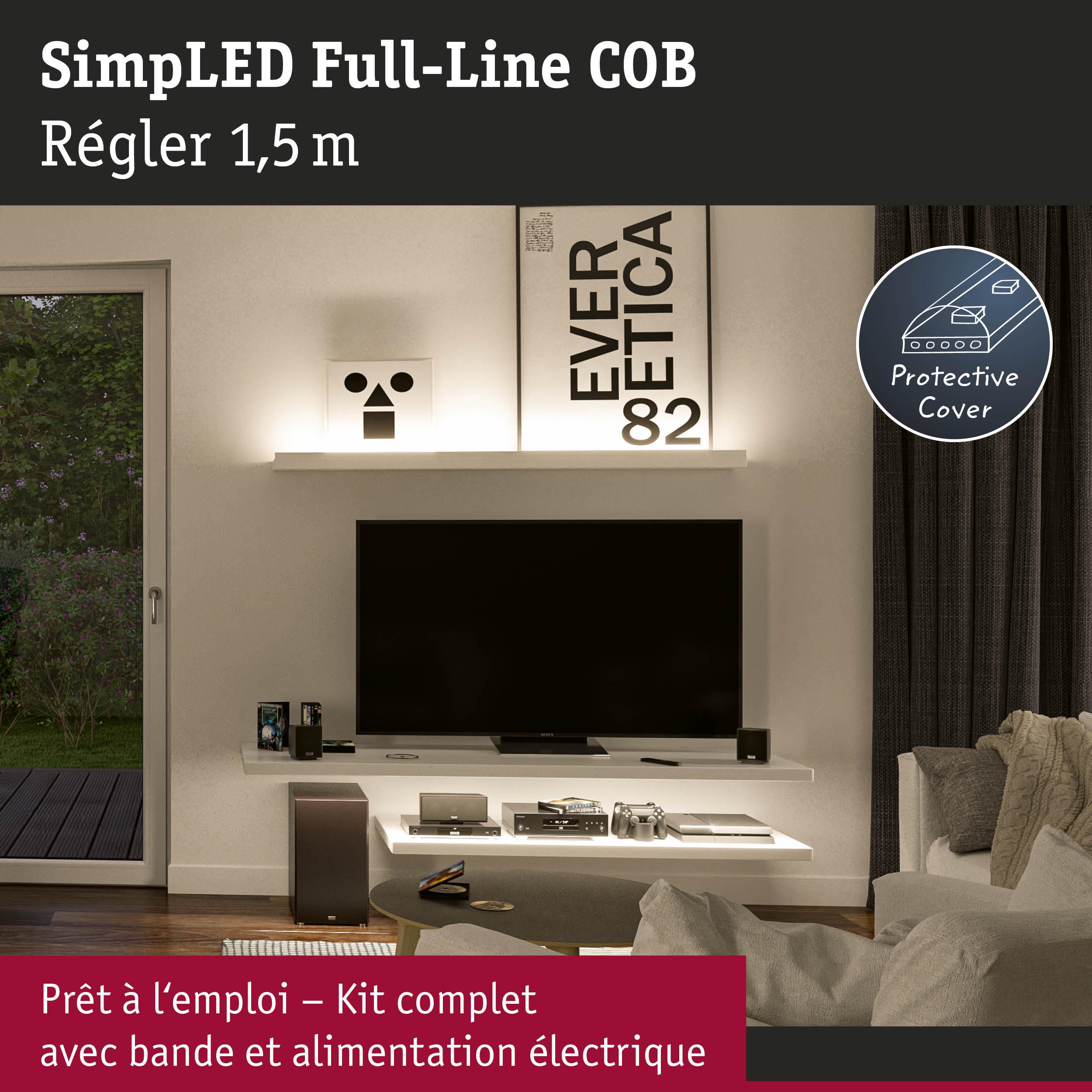 Salon avec bande LED Full-Line COB blanc chaud sous étagère TV et murale, design moderne