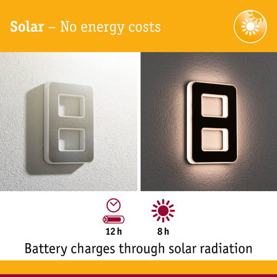 Solar-powered black and white wall light with LED glow and 12-hour battery life