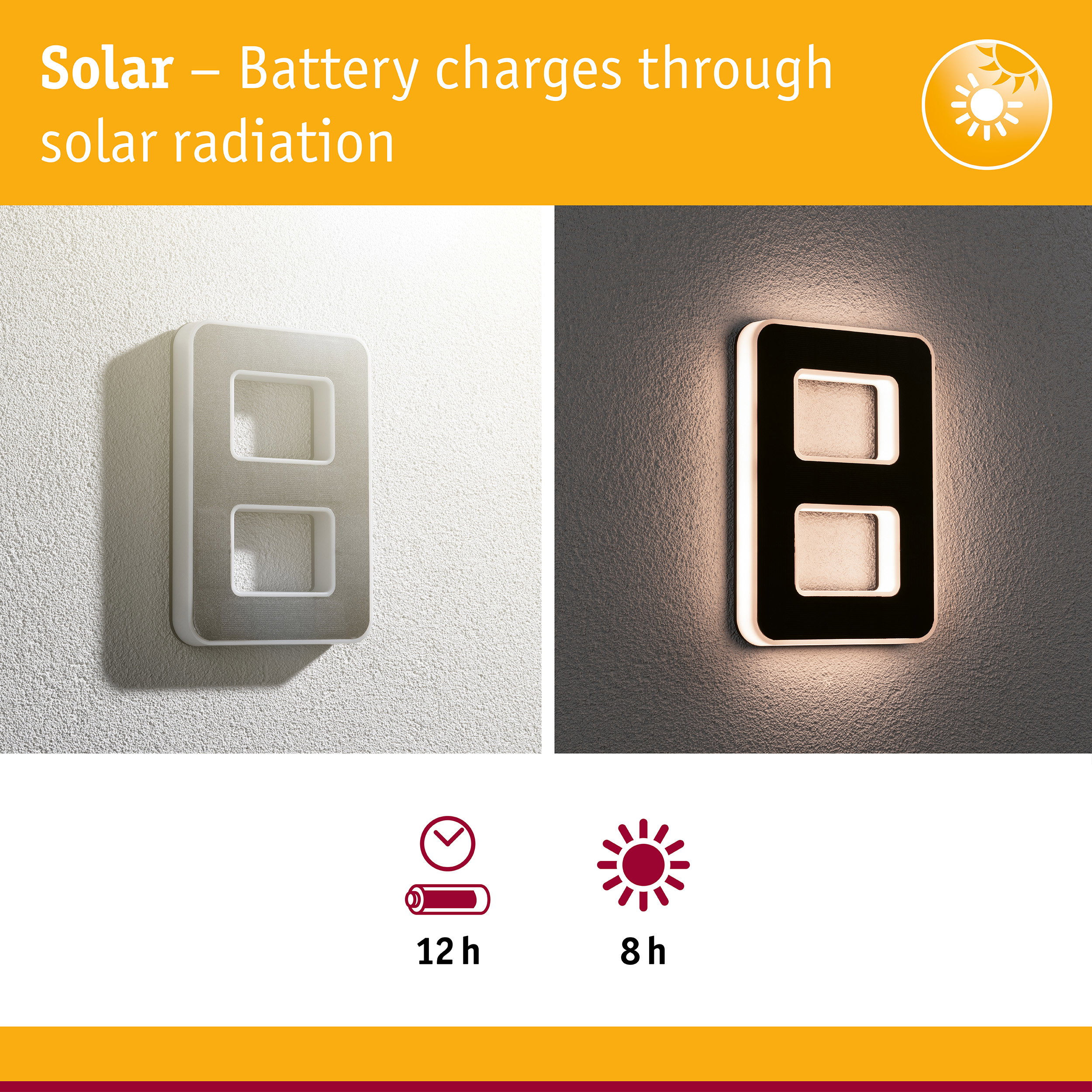 Solar-powered wall light in white and black with LED illumination and energy-saving feature