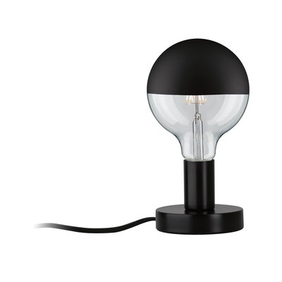 Modern table lamp with black metal base and half-transparent glass head for LED lighting