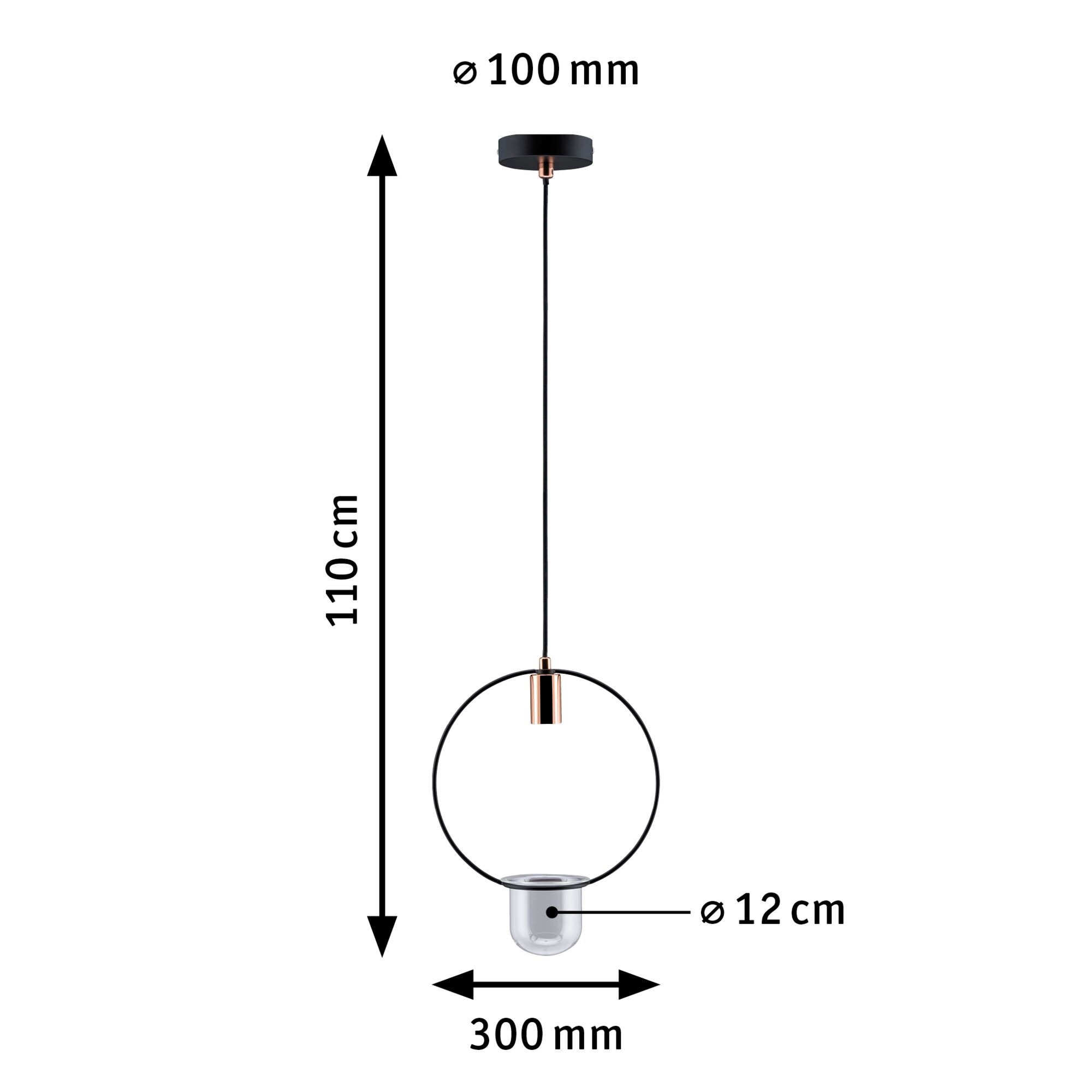 Dimensioned drawing of black pendant lamp with copper accents and glass shade Ø12 cm, 110 cm length.