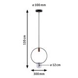Dimensioned drawing of black pendant lamp with copper accents and glass shade Ø12 cm, 110 cm length.