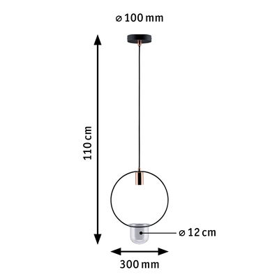 Dimensioned drawing of black pendant lamp with copper accents and glass shade Ø12 cm, 110 cm length.