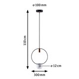 Dimensioned drawing of black pendant lamp with copper accents and glass shade Ø12 cm, 110 cm length.