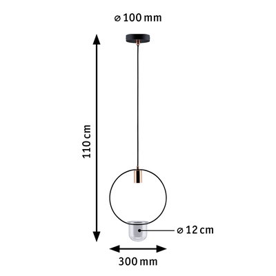 Dimensioned drawing of black pendant lamp with copper accents and glass shade Ø12 cm, 110 cm length.