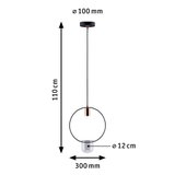 Maßzeichnung einer schwarzen Pendelleuchte mit Kupferdetails und Glaslampenschirm Ø12 cm, 110 cm lang.