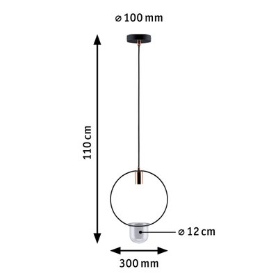 Maßzeichnung einer schwarzen Pendelleuchte mit Kupferdetails und Glaslampenschirm Ø12 cm, 110 cm lang.