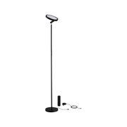 Schwarze LED-Stehlampe mit rundem Leuchtkopf, Fernbedienung und Netzteil für dimmbares Licht