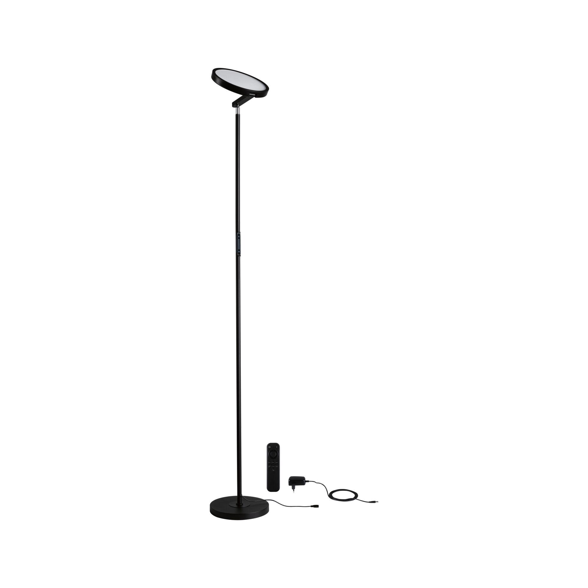 Schwarze LED-Stehlampe mit rundem Leuchtkopf, Fernbedienung und Netzteil für dimmbares Licht