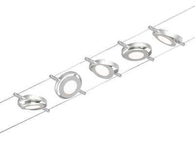 Modern cable lighting system with five silver LED spotlights for versatile room illumination