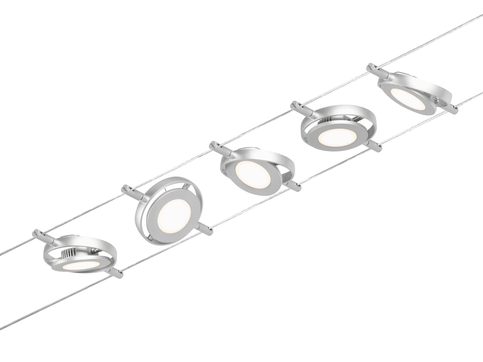 Moderne LED-Seilspotleuchte aus silbernem Metall mit rundem Design für flexible Raumbeleuchtung