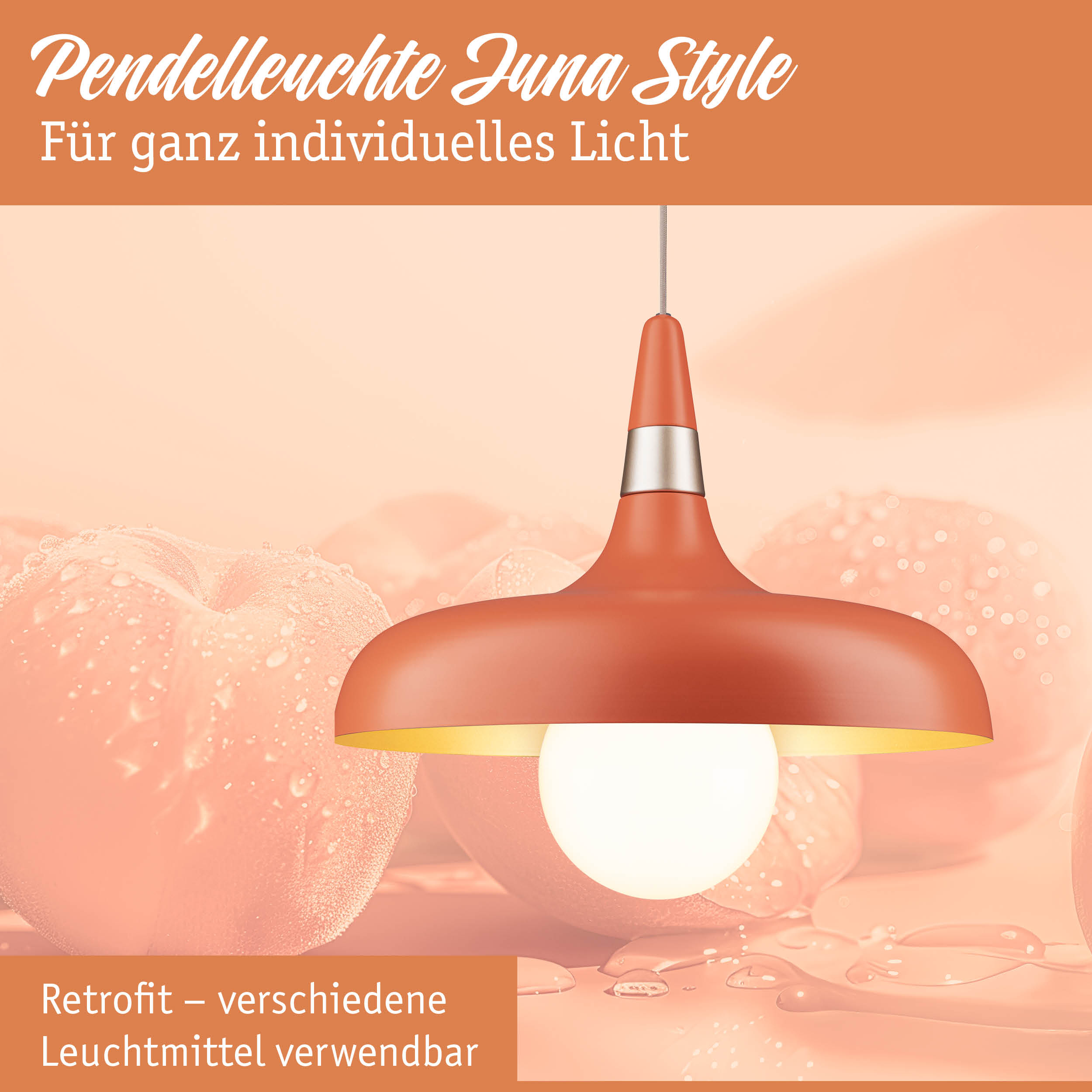 Pendelleuchte Juna Style in mattem Orange mit Metallring, energiesparende LED-Beleuchtung