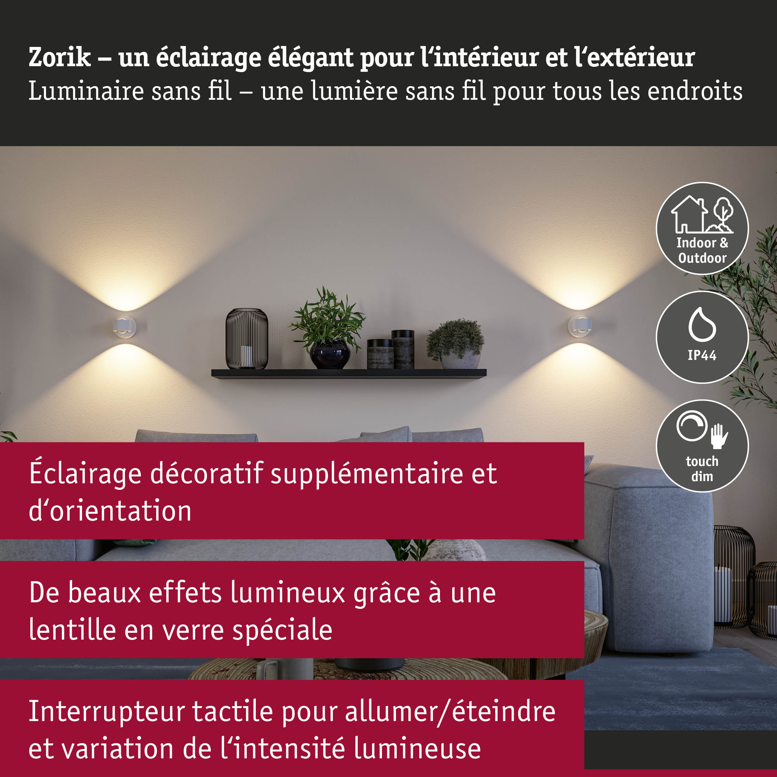 Applique murale sans fil blanche Zorik avec indice IP44 pour intérieur et extérieur, dimmable tactile