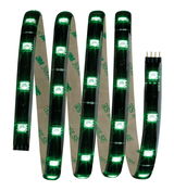 Flexible LED strip with green lights and adhesive backing for versatile lighting applications.