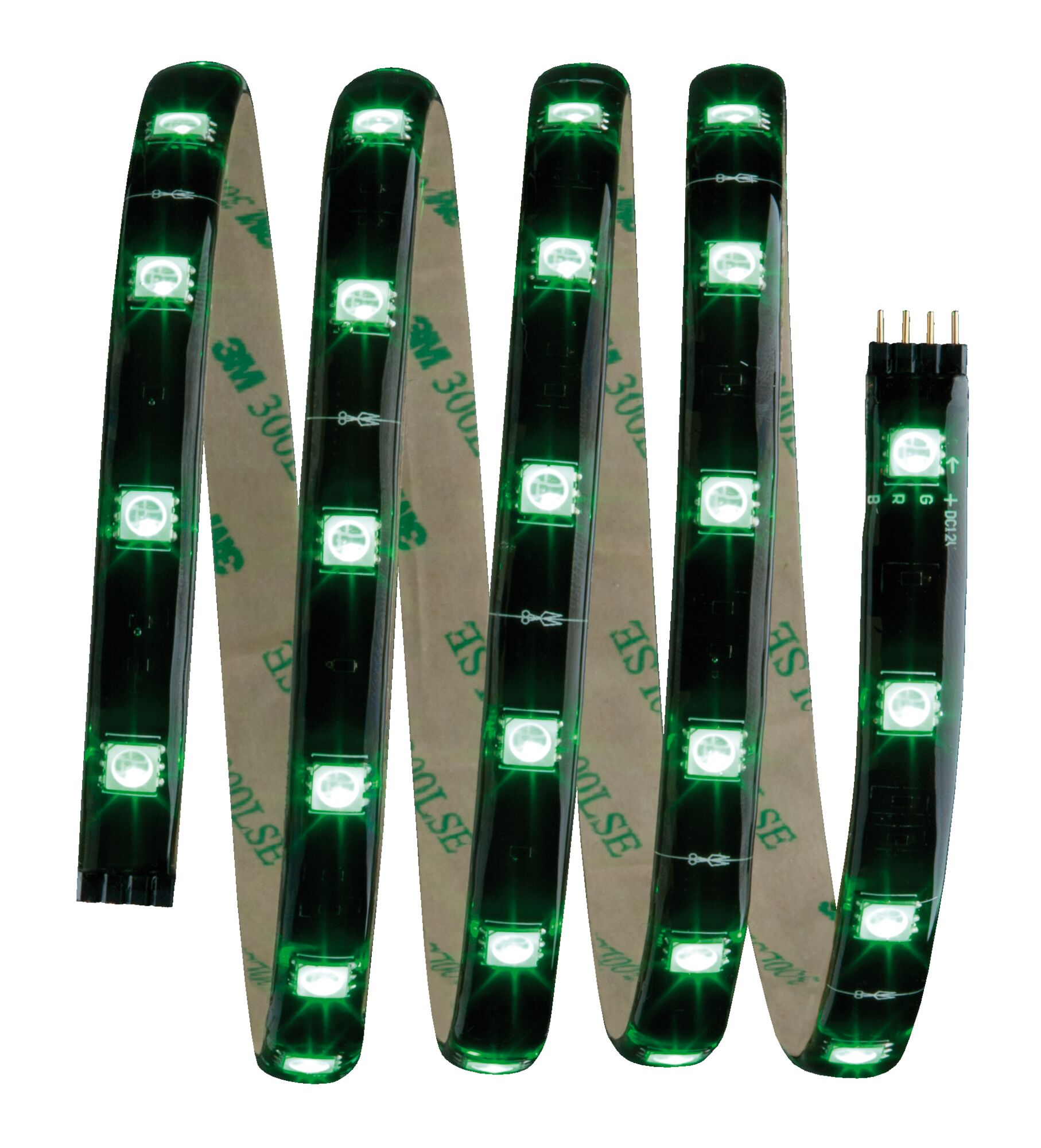 Flexible LED strip with green lights and adhesive backing for versatile lighting applications.