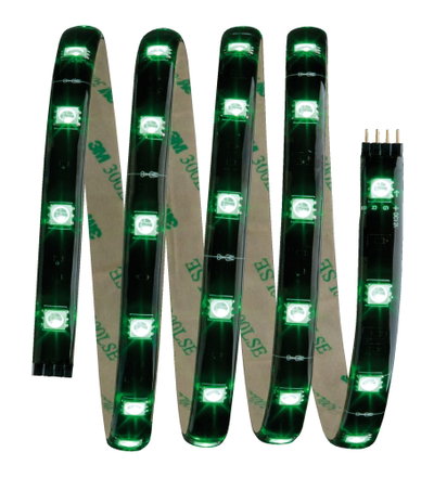 Bande LED flexible avec lumières vertes et dos adhésif pour un éclairage polyvalent.