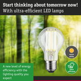 Ultra-efficient LED lamp with warm white light shown against a green forest background