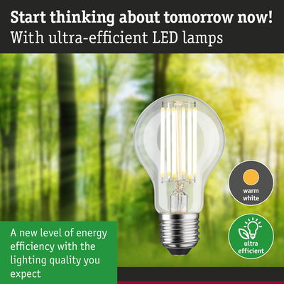 Ultra-efficient LED lamp with warm white light shown against a green forest background