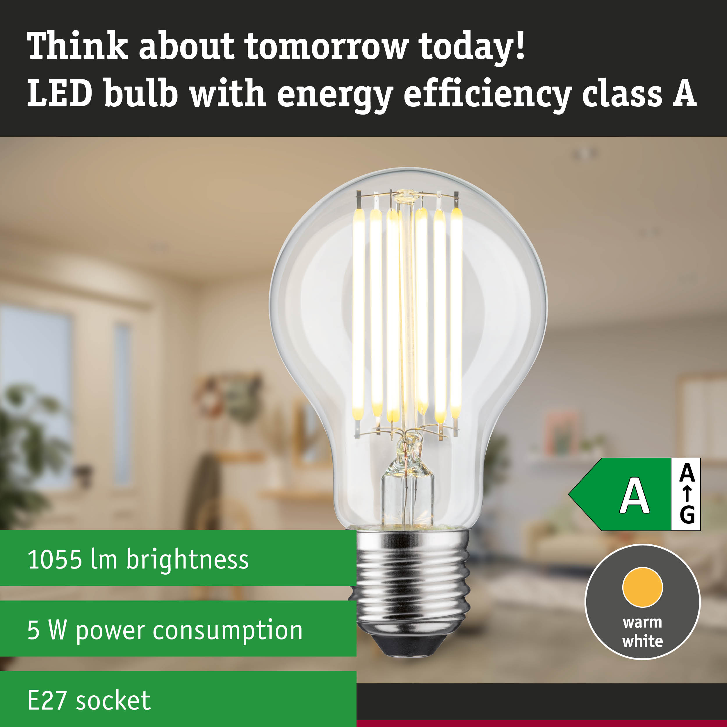 Energy-efficient LED bulb with warm white light shown against a green forest background