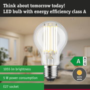 Energy-efficient LED bulb with warm white light shown against a green forest background