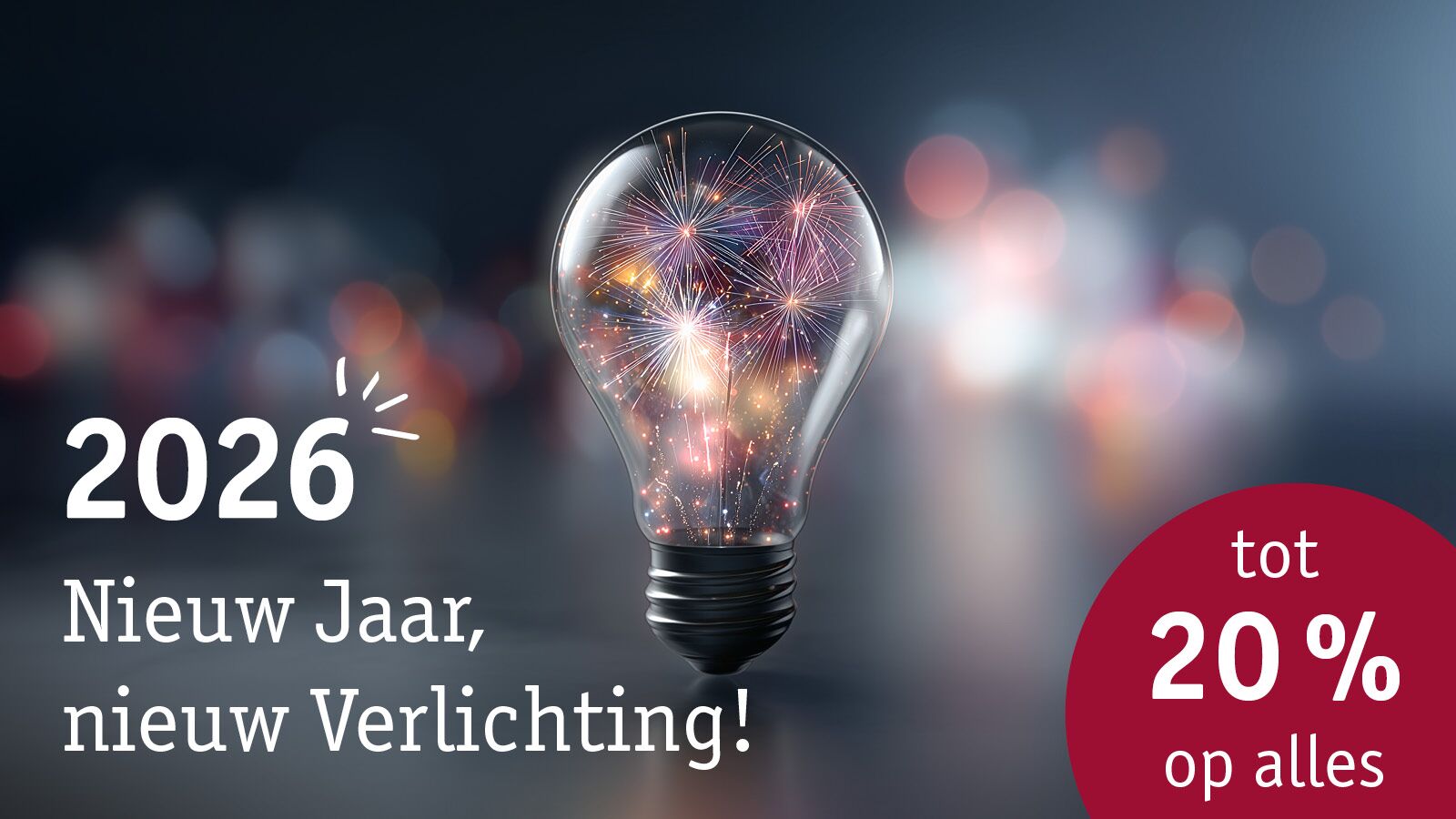 Gloeilamp met vuurwerk erin symboliseert nieuwe verlichting en tot 20 procent korting actie