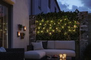 Cozy terrace with grey upholstered sofa, green plant wall, and warm white LED string lights.