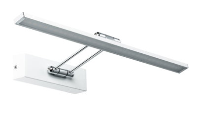 Modern white LED wall light with adjustable chrome arm for focused lighting in living spaces