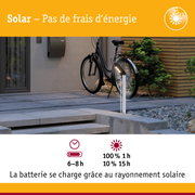 Éclairage extérieur solaire avec vélo noir devant maison moderne et chemin en béton