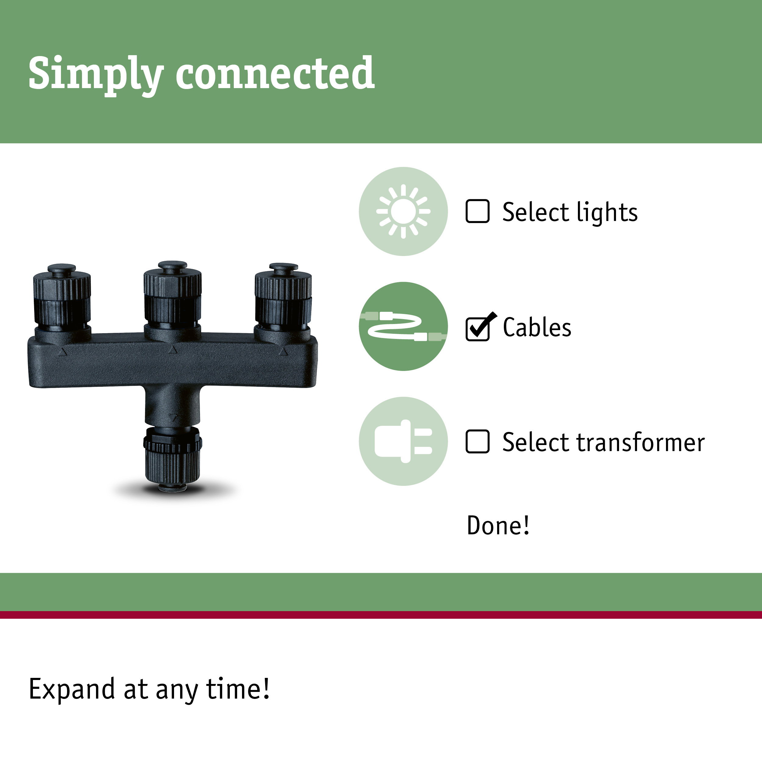 Black plastic splitter with three connectors for cable connections in lighting systems