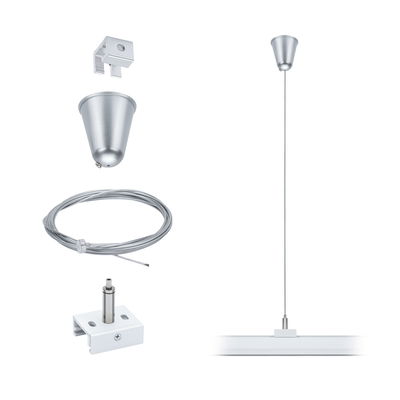 Kit de suspension en métal argenté pour éclairage LED sur rail avec accessoires de montage.