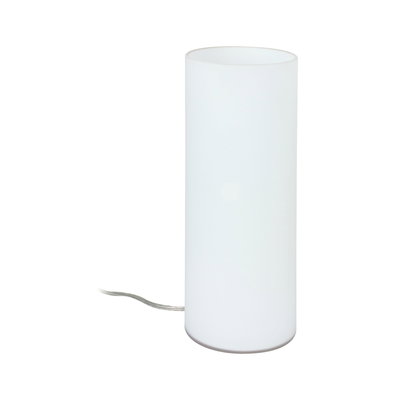 Cylindrical white glass table lamp with clear cable for modern interior lighting
