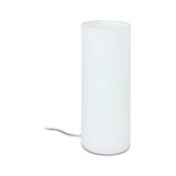 Cylindrical white glass table lamp with clear cable for modern interior lighting