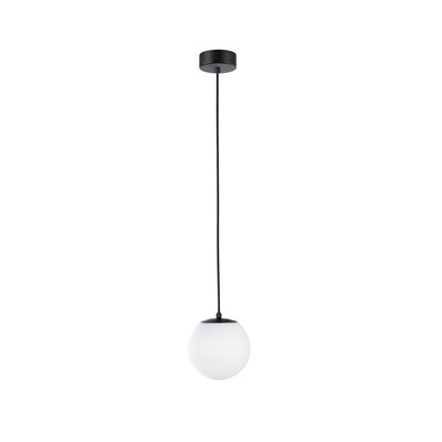 Modern pendant light with white glass and black metal, minimalist design for living spaces.